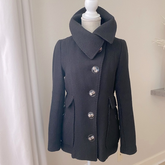 Mackage Black Pea Coat Textured Laine Wool and Leather Trim Size Small - Picture 1 of 15